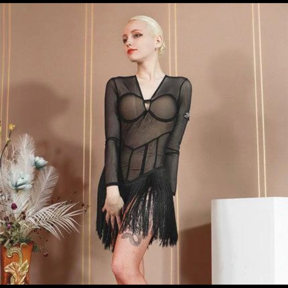 Black. nice silhouette.  Size s but stretchy. Bra inside Brand new. Never worn